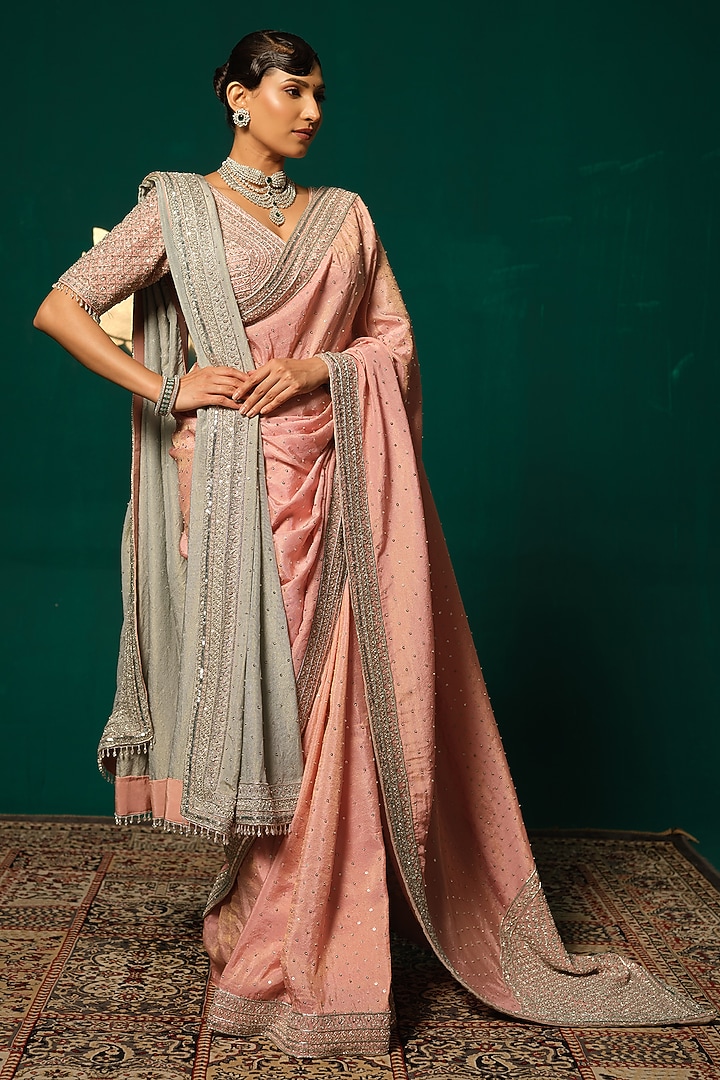 Pink Shimmer Tissue Sequin & Zardosi Embellished Wedding Saree Set by Niloufer by Aasif Ally at Pernia's Pop Up Shop