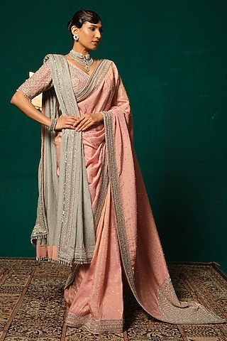 Pink Shimmer Tissue Sequin & Zardosi Embellished Saree Set by Niloufer by Aasif Ally