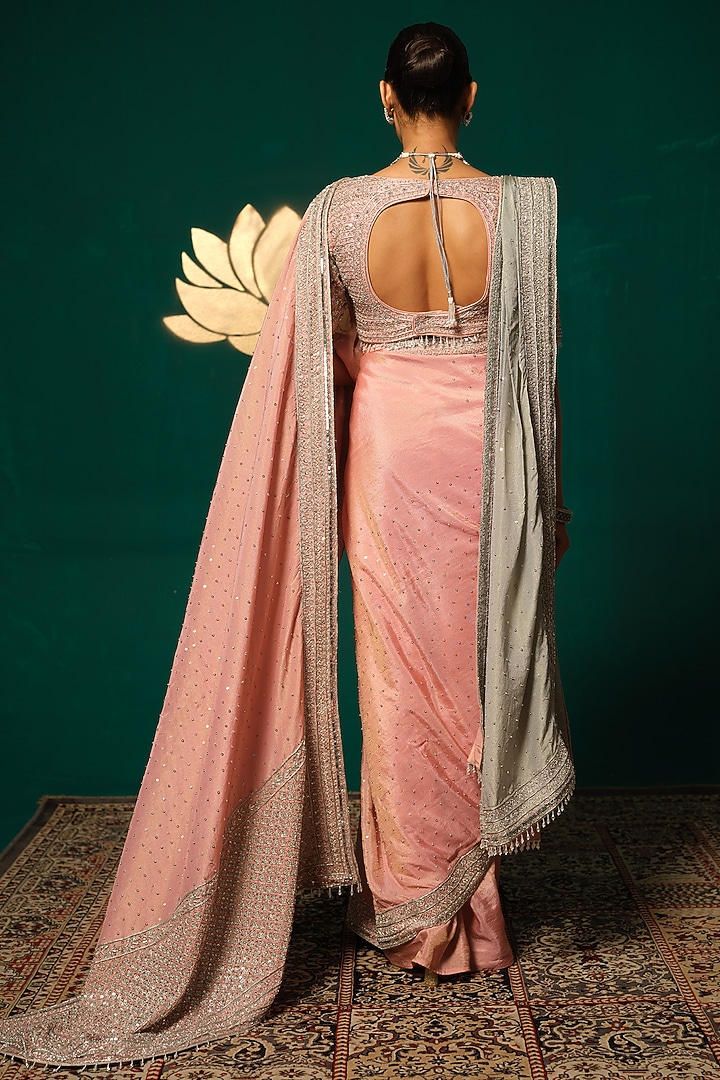 Pink Shimmer Tissue Sequin & Zardosi Embellished Reception Saree Set by Niloufer by Aasif Ally at Pernia's Pop Up Shop