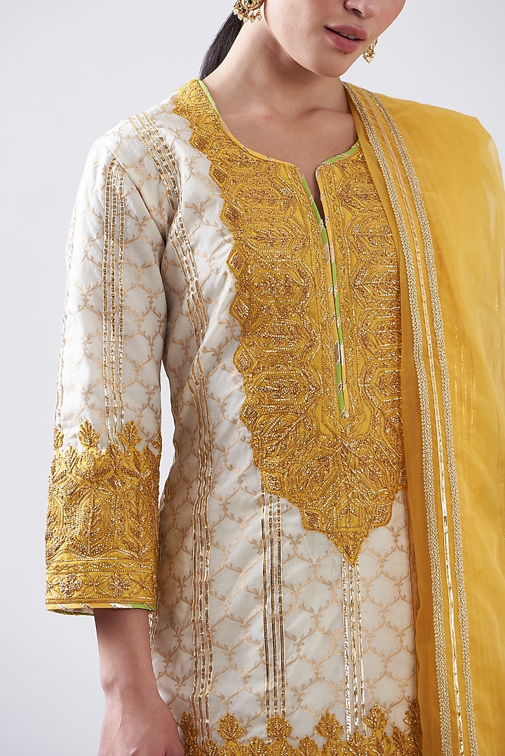 Yellow & White Chanderi Wedding Sharara Set by Nia By Sonia Ahuja at Pernia's Pop Up Shop