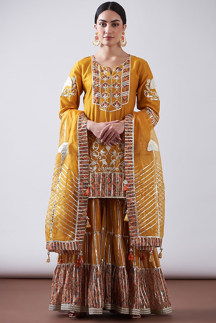 Yellow Chanderi Printed & Embroidered Gharara Set by Nia By Sonia Ahuja at Pernia's Pop Up Shop