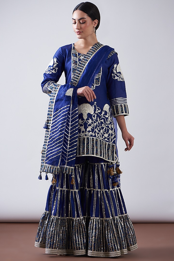 Blue Chanderi Printed & Embroidered Gharara Set by Nia By Sonia Ahuja