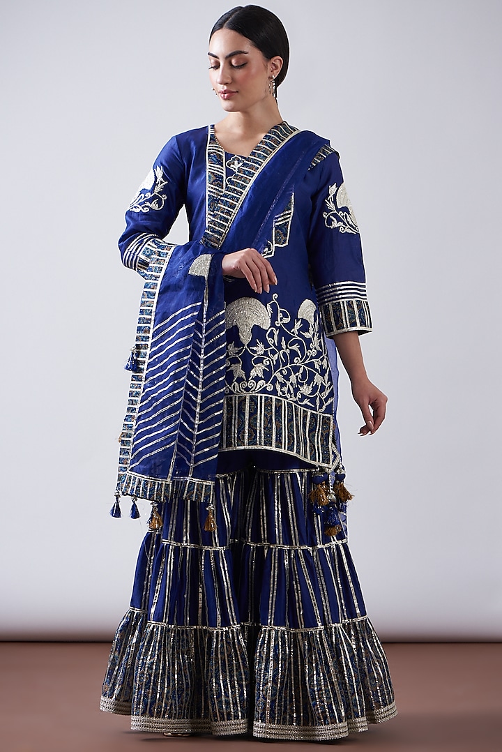 Blue Chanderi Printed & Embroidered Gharara Set by Nia By Sonia Ahuja at Pernia's Pop Up Shop