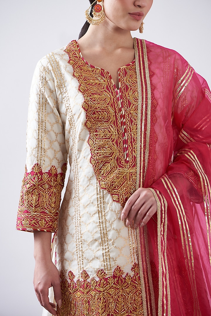 Red & White Chanderi Party Wear Sharara Set by Nia By Sonia Ahuja at Pernia's Pop Up Shop