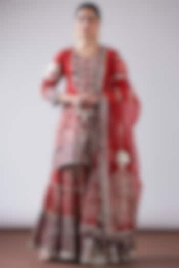 Red Chanderi Printed & Embroidered Gharara Set by Nia By Sonia Ahuja