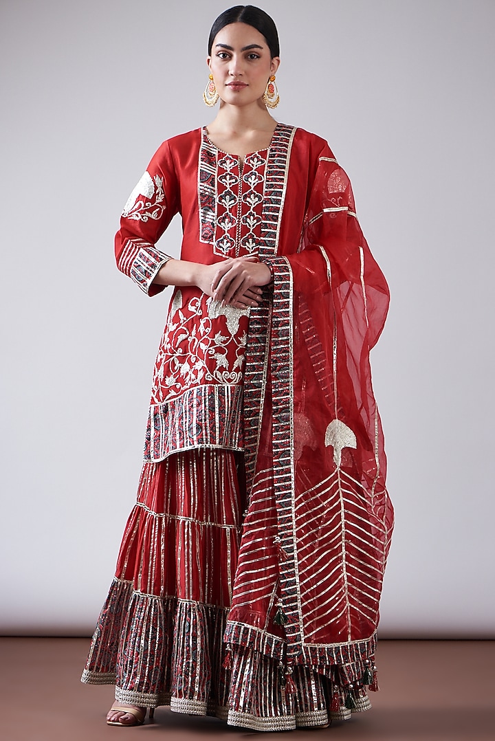 Red Chanderi Printed & Embroidered Gharara Set by Nia By Sonia Ahuja