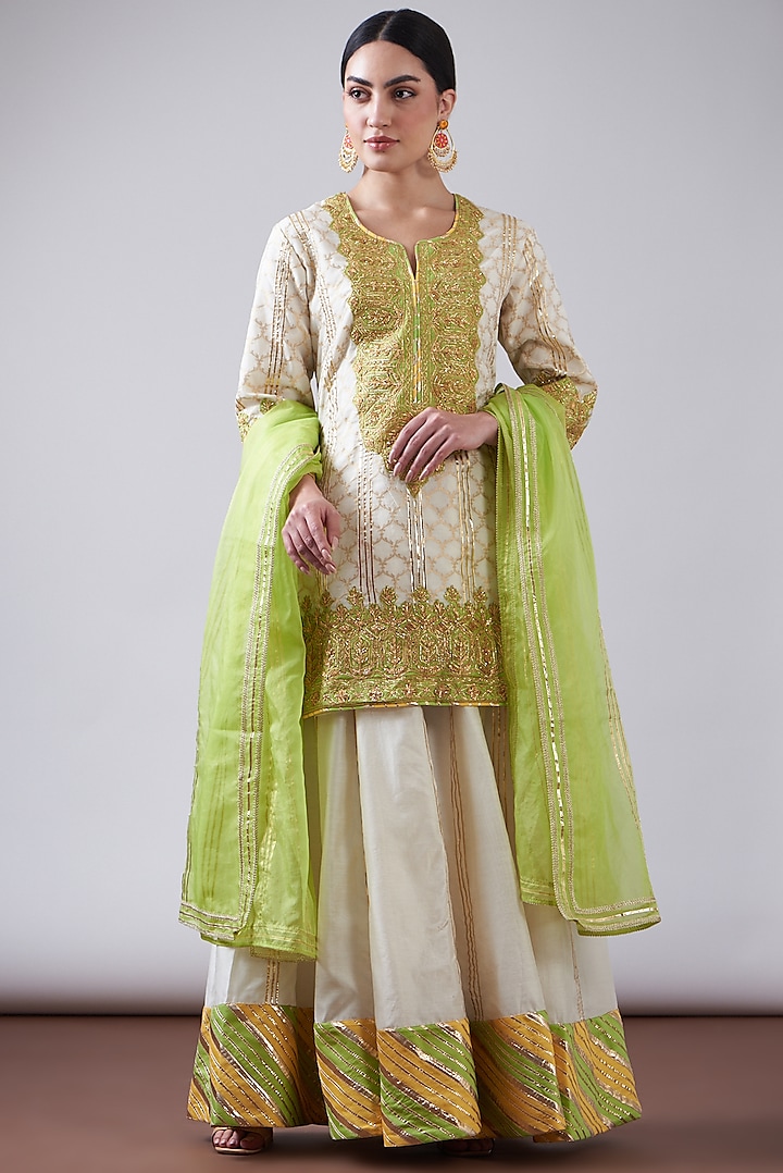 Peach & Green Pure Chanderi Sharara Set by Nia By Sonia Ahuja