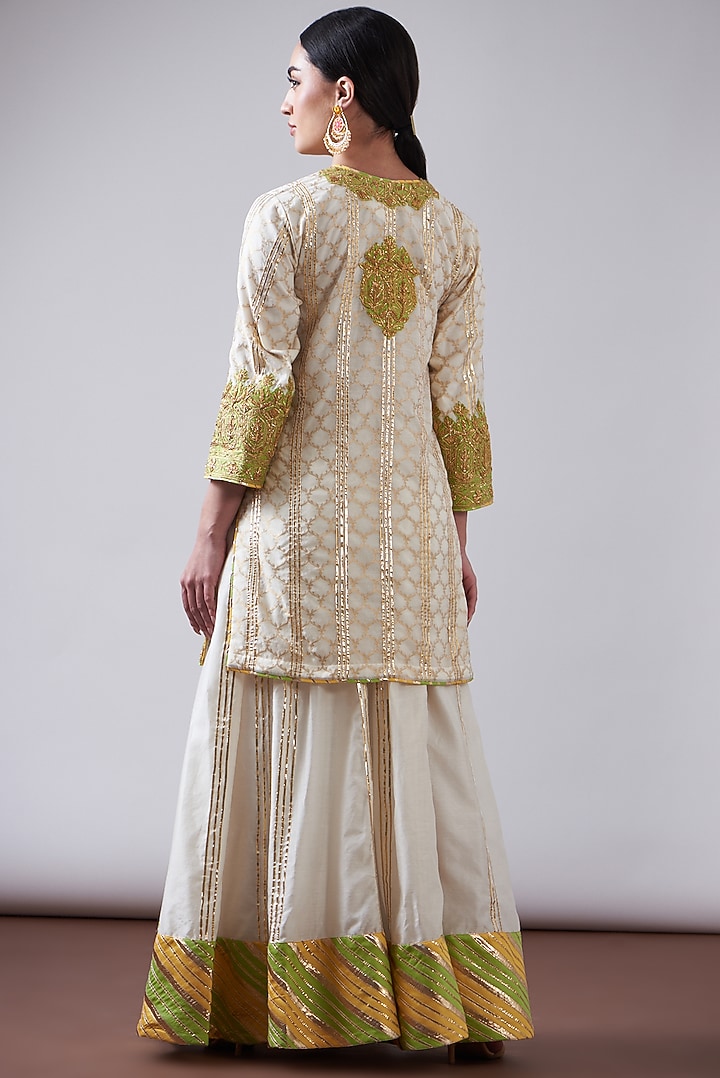 Peach & Green Pure Chanderi Party Wear Sharara Set by Nia By Sonia Ahuja at Pernia's Pop Up Shop