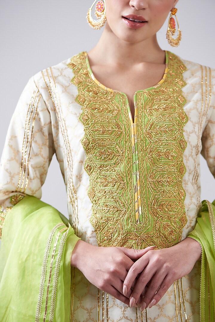 Peach & Green Pure Chanderi Party Wear Sharara Set by Nia By Sonia Ahuja at Pernia's Pop Up Shop