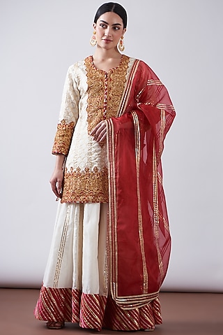 Red & White Pure Chanderi Sharara Set by Nia By Sonia Ahuja