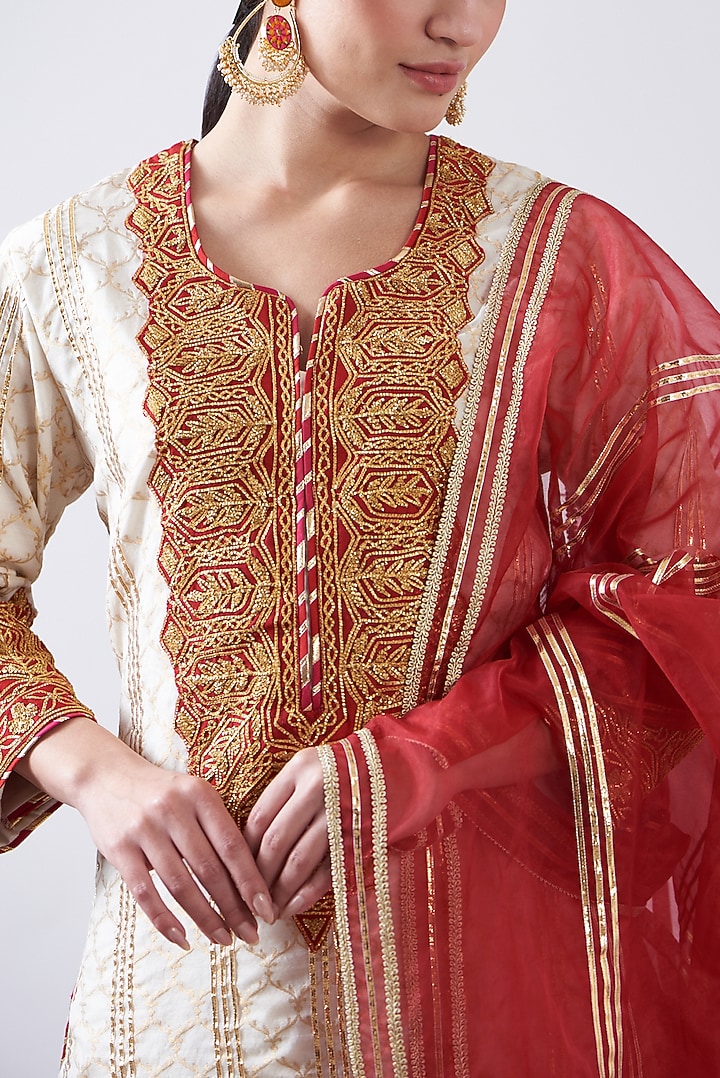 Red & White Pure Chanderi Party Wear Sharara Set by Nia By Sonia Ahuja at Pernia's Pop Up Shop
