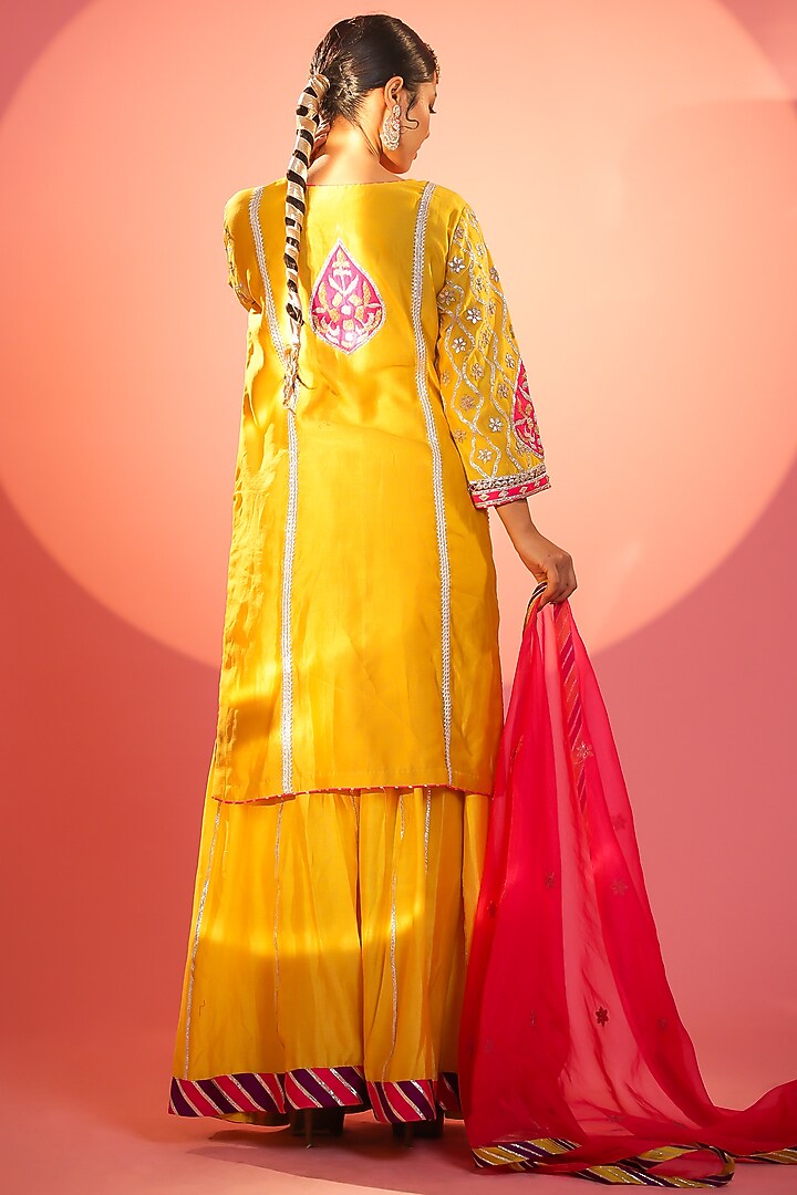 Yellow Banarasi Handloom Kurta Sharara Set with Frills Pleated Sleeves