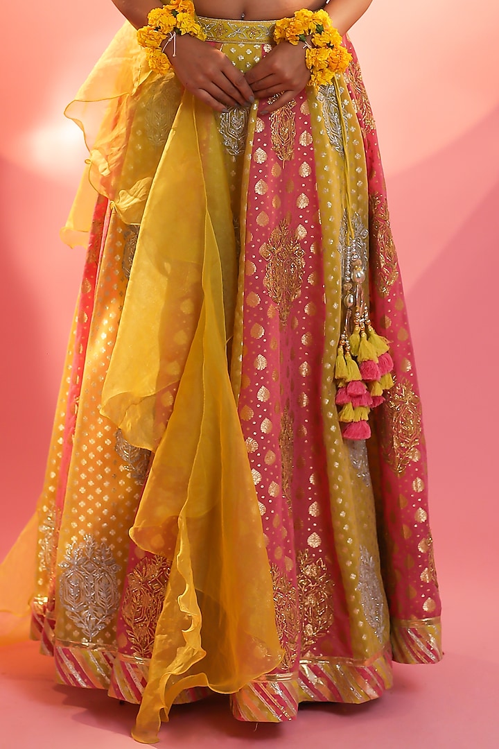 Yellow & Carrot Banarasi Embroidered Wedding Lehenga Set by Nia By Sonia Ahuja at Pernia's Pop Up Shop