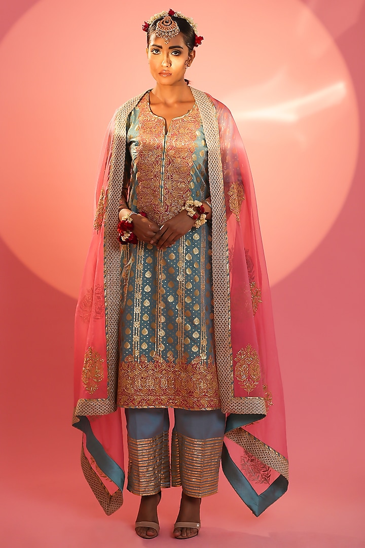 Powder Blue Banarasi Embroidered Kurta Set by Nia By Sonia Ahuja at Pernia's Pop Up Shop