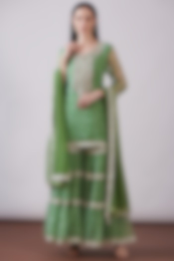 Green Georgette Viscose Printed & Embroidered Gharara Set by Nia By Sonia Ahuja