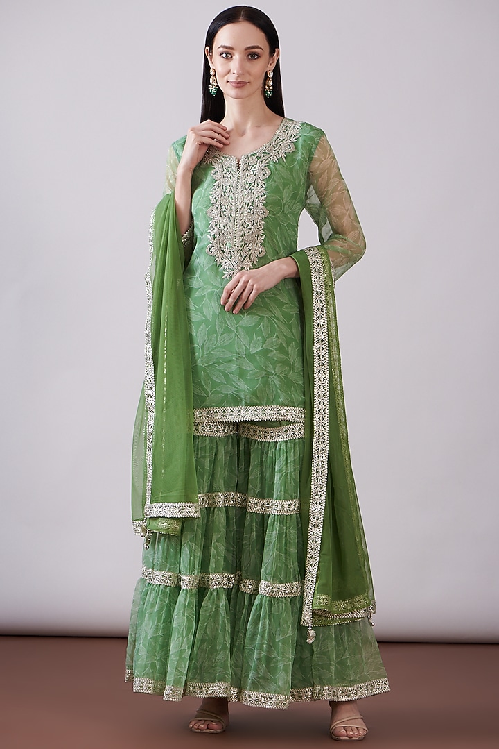 Green Georgette Viscose Printed & Embroidered Gharara Set by Nia By Sonia Ahuja at Pernia's Pop Up Shop