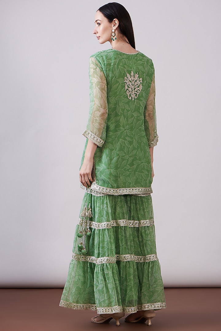 Green Georgette Viscose Printed & Embroidered Gharara Set by Nia By Sonia Ahuja at Pernia's Pop Up Shop