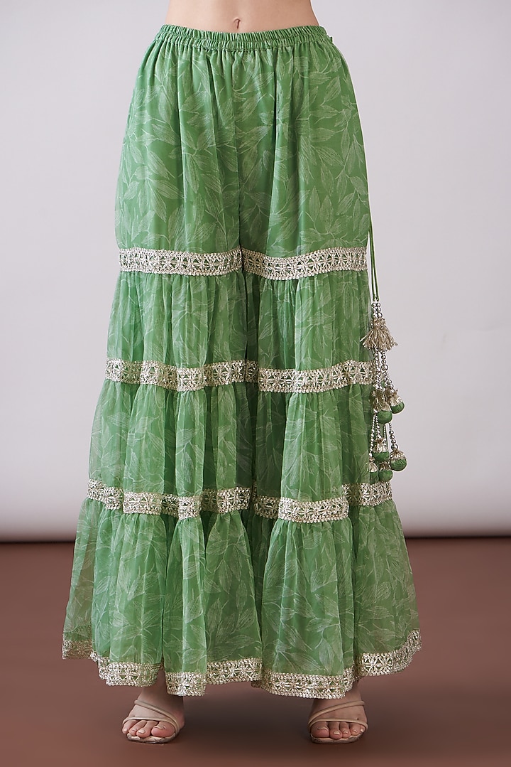 Green Georgette Viscose Printed & Embroidered Gharara Set by Nia By Sonia Ahuja at Pernia's Pop Up Shop