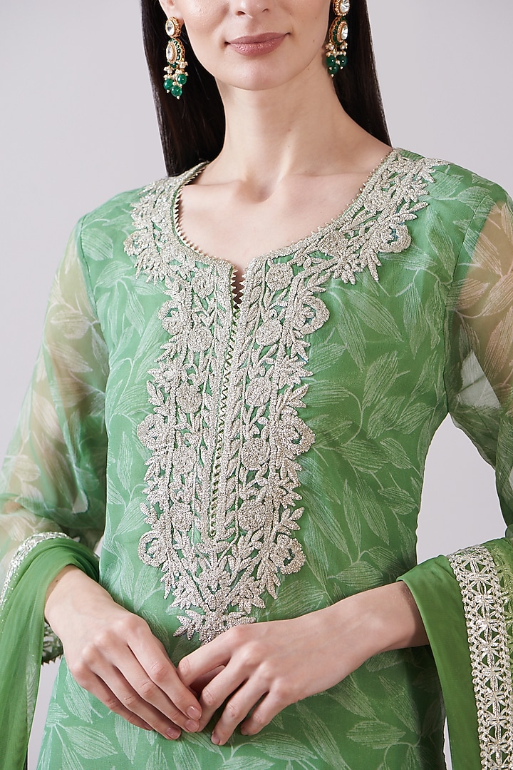Green Georgette Viscose Printed & Embroidered Gharara Set by Nia By Sonia Ahuja at Pernia's Pop Up Shop