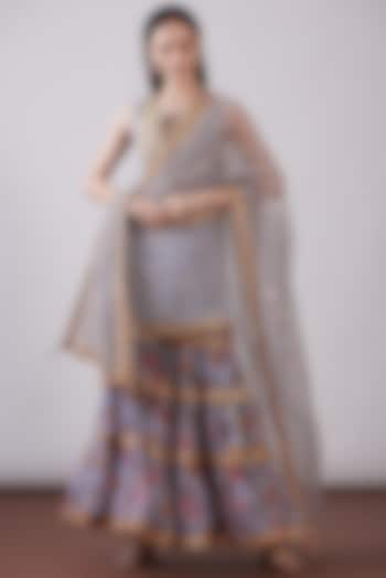 Grey Georgette Viscose Printed & Embroidered Gharara Set by Nia By Sonia Ahuja at Pernia's Pop Up Shop