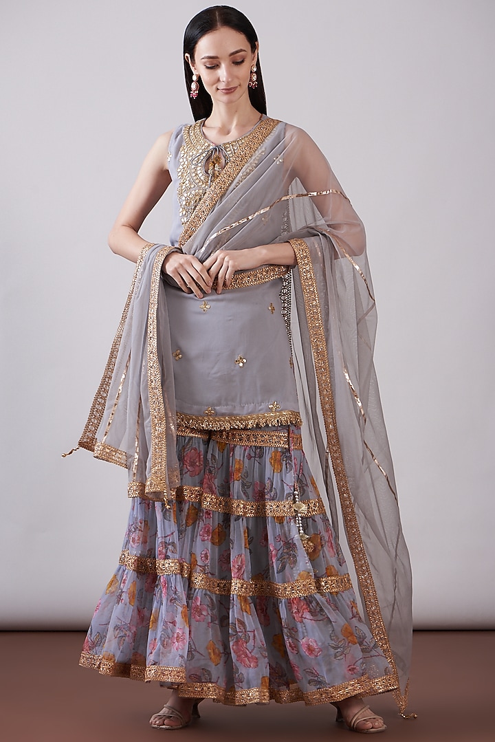 Grey Georgette Viscose Printed & Embroidered Gharara Set by Nia By Sonia Ahuja at Pernia's Pop Up Shop