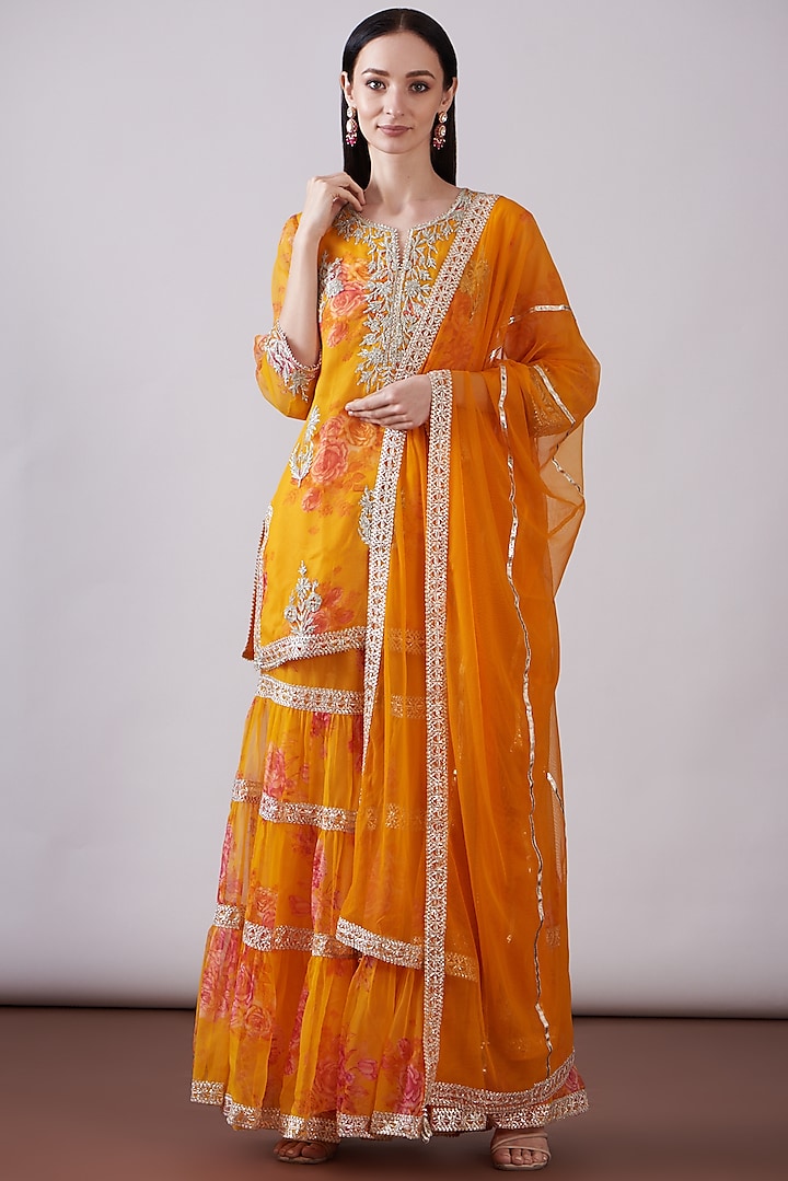 Orange Georgette Viscose Printed & Embroidered Gharara Set by Nia By Sonia Ahuja