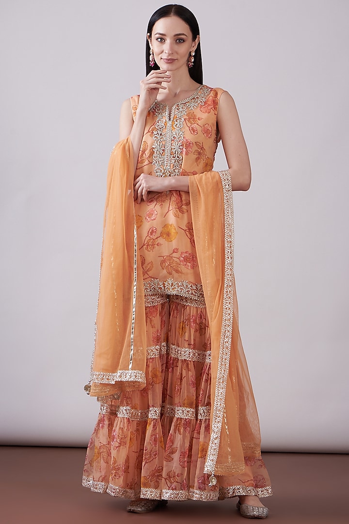 Peach Georgette Viscose Printed & Embroidered Gharara Set by Nia By Sonia Ahuja at Pernia's Pop Up Shop