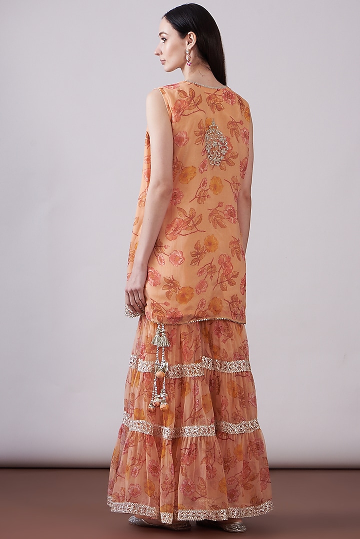 Peach Georgette Viscose Printed & Embroidered Gharara Set by Nia By Sonia Ahuja at Pernia's Pop Up Shop