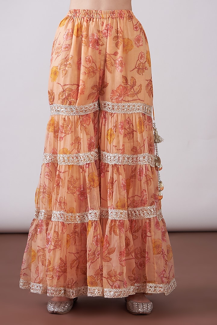 Peach Georgette Viscose Printed & Embroidered Gharara Set by Nia By Sonia Ahuja at Pernia's Pop Up Shop