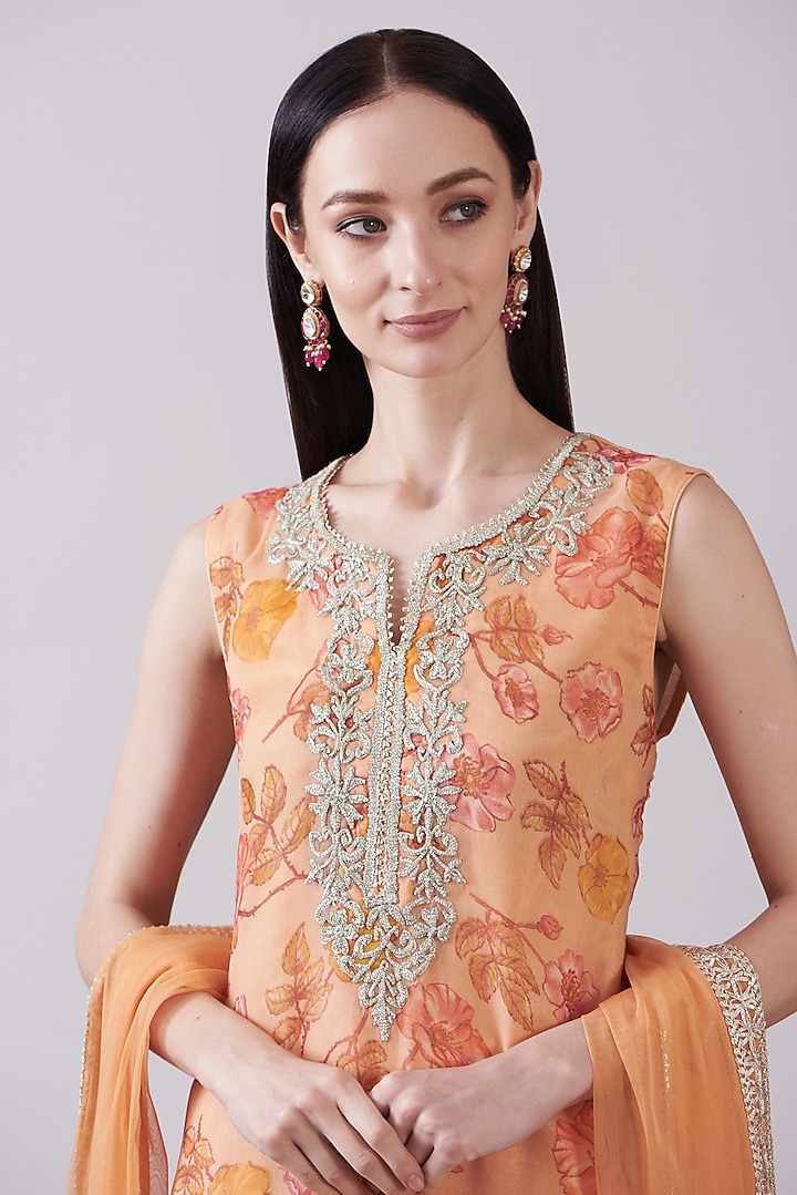 Peach Georgette Viscose Printed & Embroidered Gharara Set by Nia By Sonia Ahuja at Pernia's Pop Up Shop