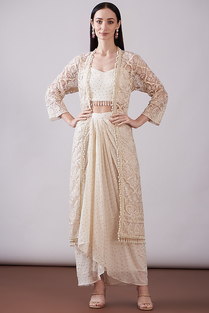 Ivory Net Printed & Embroidered Jacket Set by Nia By Sonia Ahuja
