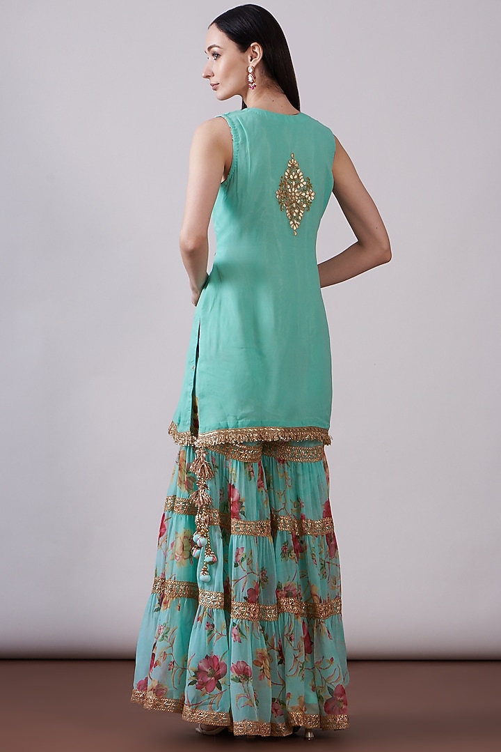 Green Georgette Viscose Printed & Embroidered Gharara Set by Nia By Sonia Ahuja at Pernia's Pop Up Shop
