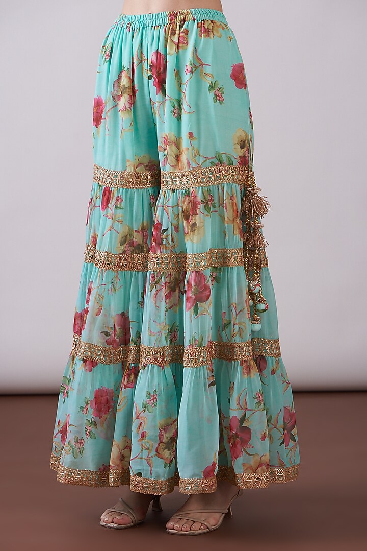 Green Georgette Viscose Printed & Embroidered Gharara Set by Nia By Sonia Ahuja at Pernia's Pop Up Shop