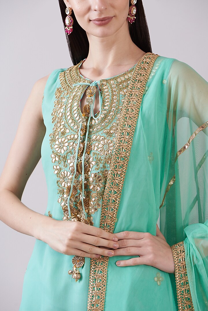 Green Georgette Viscose Printed & Embroidered Gharara Set by Nia By Sonia Ahuja at Pernia's Pop Up Shop