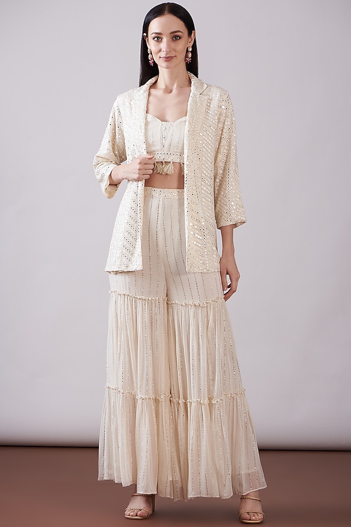 Ivory Georgette Viscose Embroidered Gharara Set by Nia By Sonia Ahuja at Pernia's Pop Up Shop