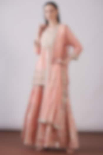 Peach Georgette Viscose Embroidered Gharara Set by Nia By Sonia Ahuja