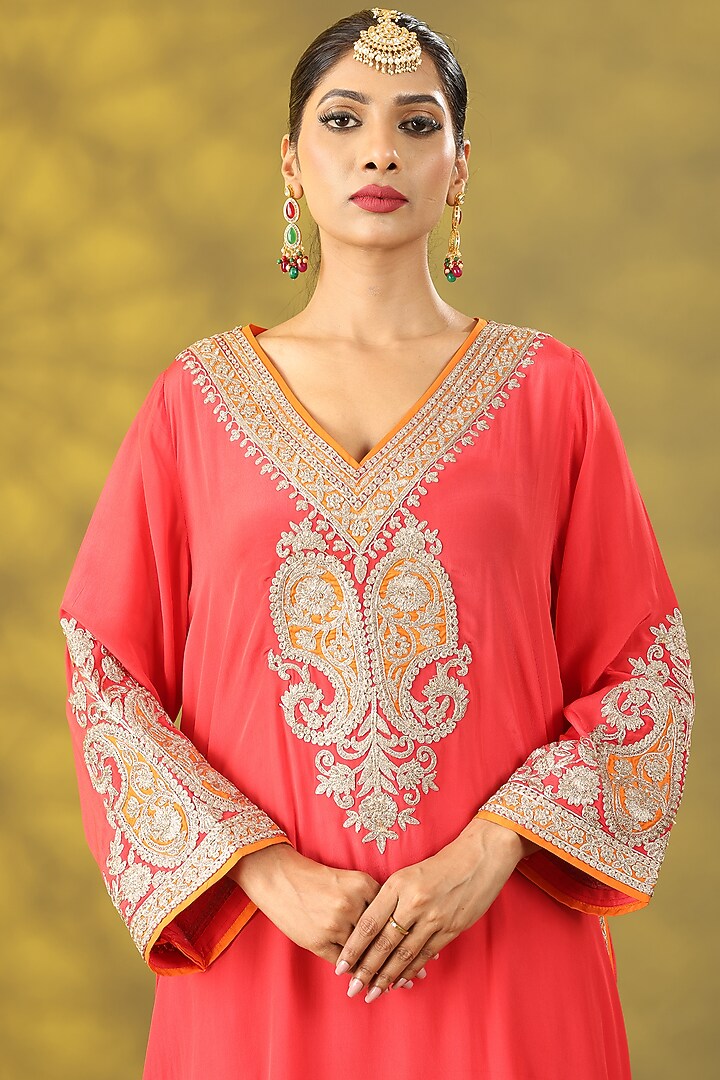 Valentine Red Crepe Tilla Embroidered Phiran Kurta Set by Nia By Sonia Ahuja at Pernia's Pop Up Shop