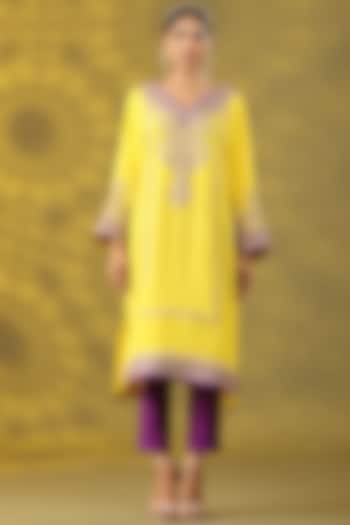 Marigold Yellow Crepe Tilla Embroidered Phiran Kurta Set by Nia By Sonia Ahuja at Pernia's Pop Up Shop