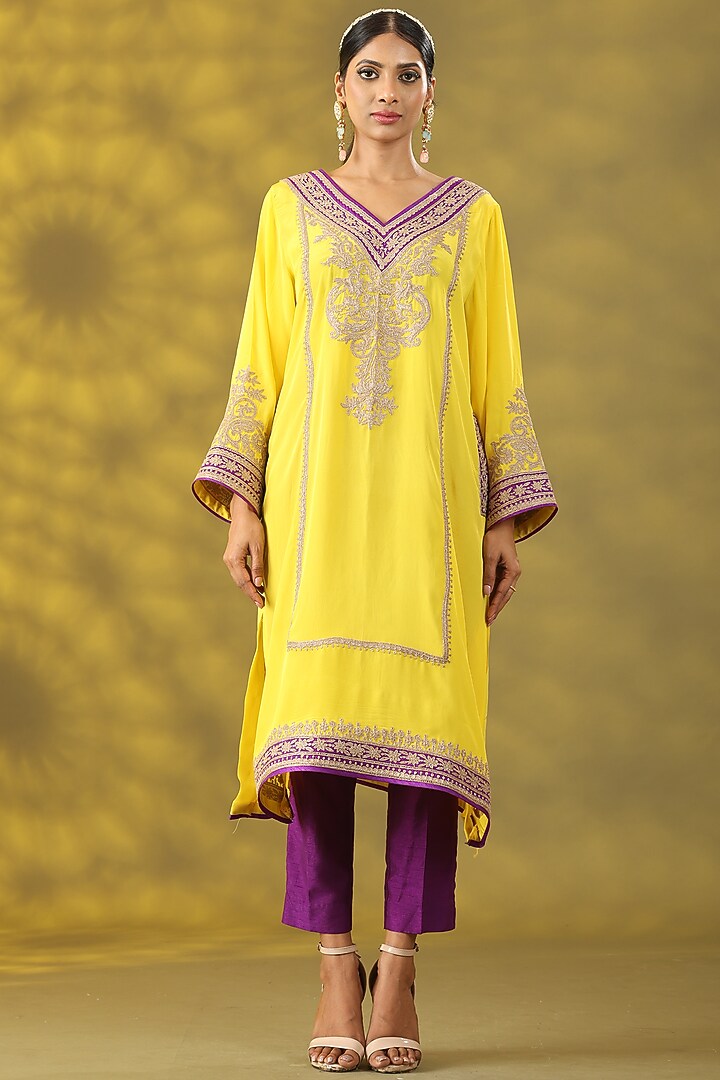 Marigold Yellow Crepe Tilla Embroidered Phiran Kurta Set by Nia By Sonia Ahuja at Pernia's Pop Up Shop