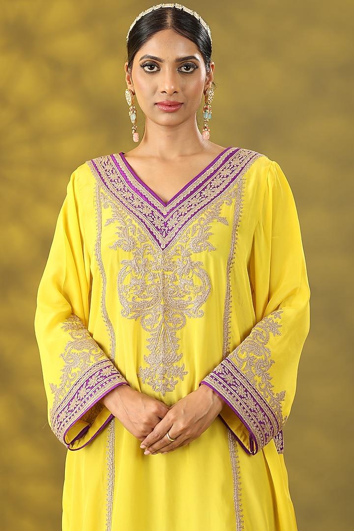 Marigold Yellow Crepe Tilla Embroidered Phiran Kurta Set by Nia By Sonia Ahuja at Pernia's Pop Up Shop