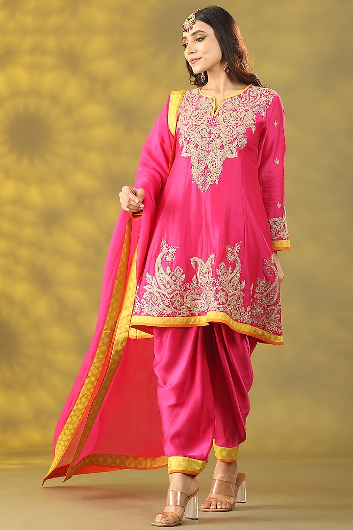 Magenta Chanderi Silk Dori Embellished Anarkali Set by Nia By Sonia Ahuja at Pernia's Pop Up Shop