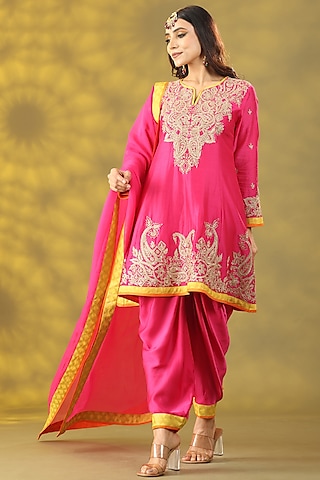 Magenta Chanderi Silk Dori Embellished Anarkali Set by Nia By Sonia Ahuja