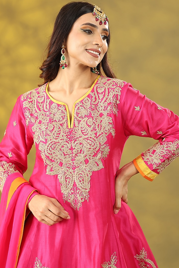 Magenta Chanderi Silk Dori Embellished Party Wear Anarkali Set by Nia By Sonia Ahuja at Pernia's Pop Up Shop