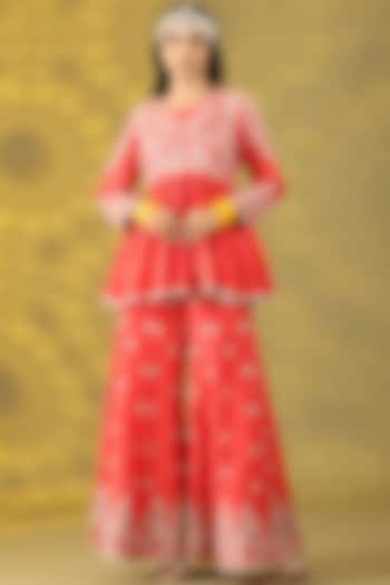 Coral Red Chanderi Silk Sequins Hand Work Party Wear Sharara Set by Nia By Sonia Ahuja at Pernia's Pop Up Shop