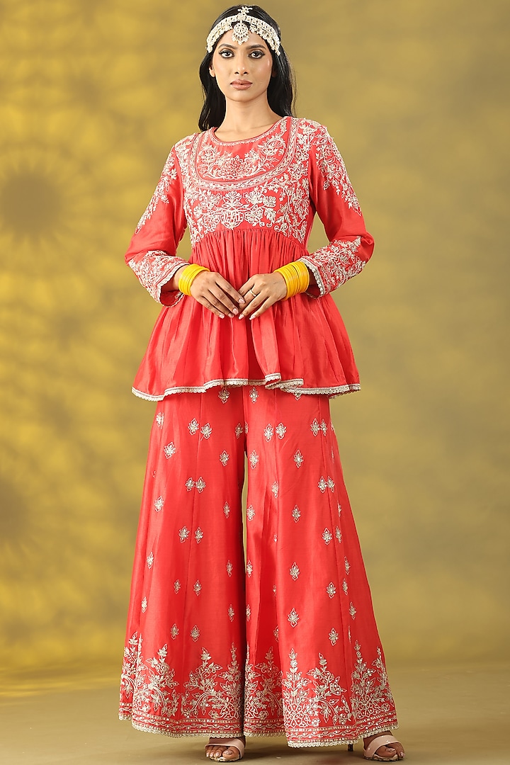 Coral Red Chanderi Silk Sequins Hand Work Sharara Set by Nia By Sonia Ahuja