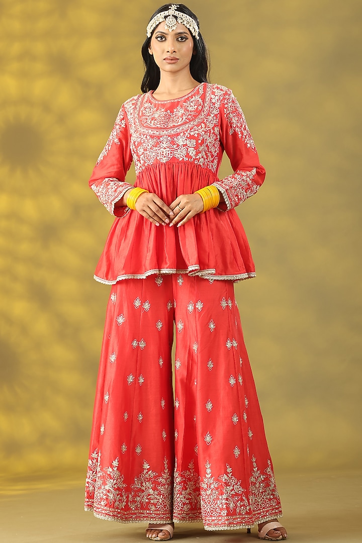 Coral Red Chanderi Silk Sequins Hand Work Party Wear Sharara Set by Nia By Sonia Ahuja at Pernia's Pop Up Shop