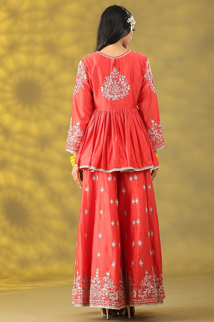 Coral Red Chanderi Silk Sequins Hand Work Party Wear Sharara Set by Nia By Sonia Ahuja at Pernia's Pop Up Shop