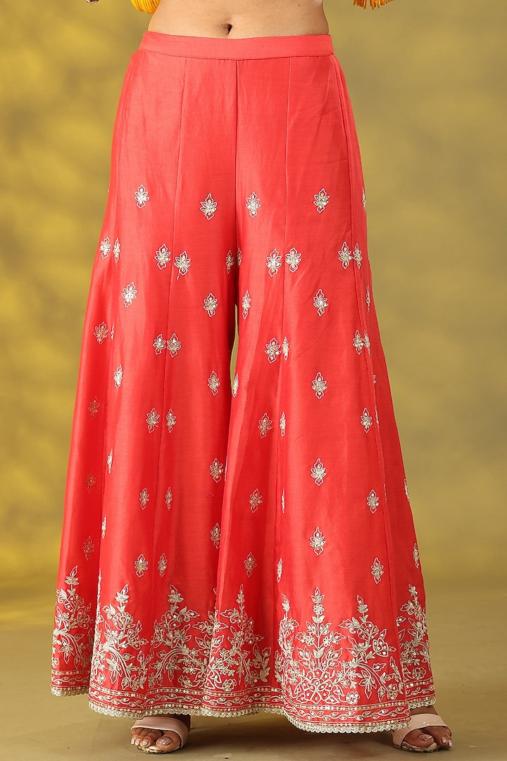 Coral Red Chanderi Silk Sequins Hand Work Party Wear Sharara Set by Nia By Sonia Ahuja at Pernia's Pop Up Shop