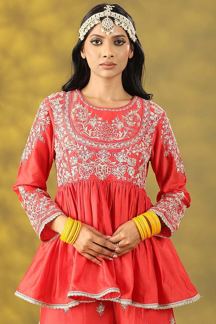 Coral Red Chanderi Silk Sequins Hand Work Party Wear Sharara Set by Nia By Sonia Ahuja at Pernia's Pop Up Shop