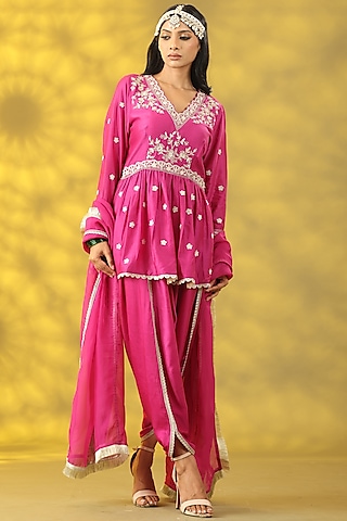 Cerise Pink Chanderi Silk Dori Work Anarkali Set by Nia By Sonia Ahuja